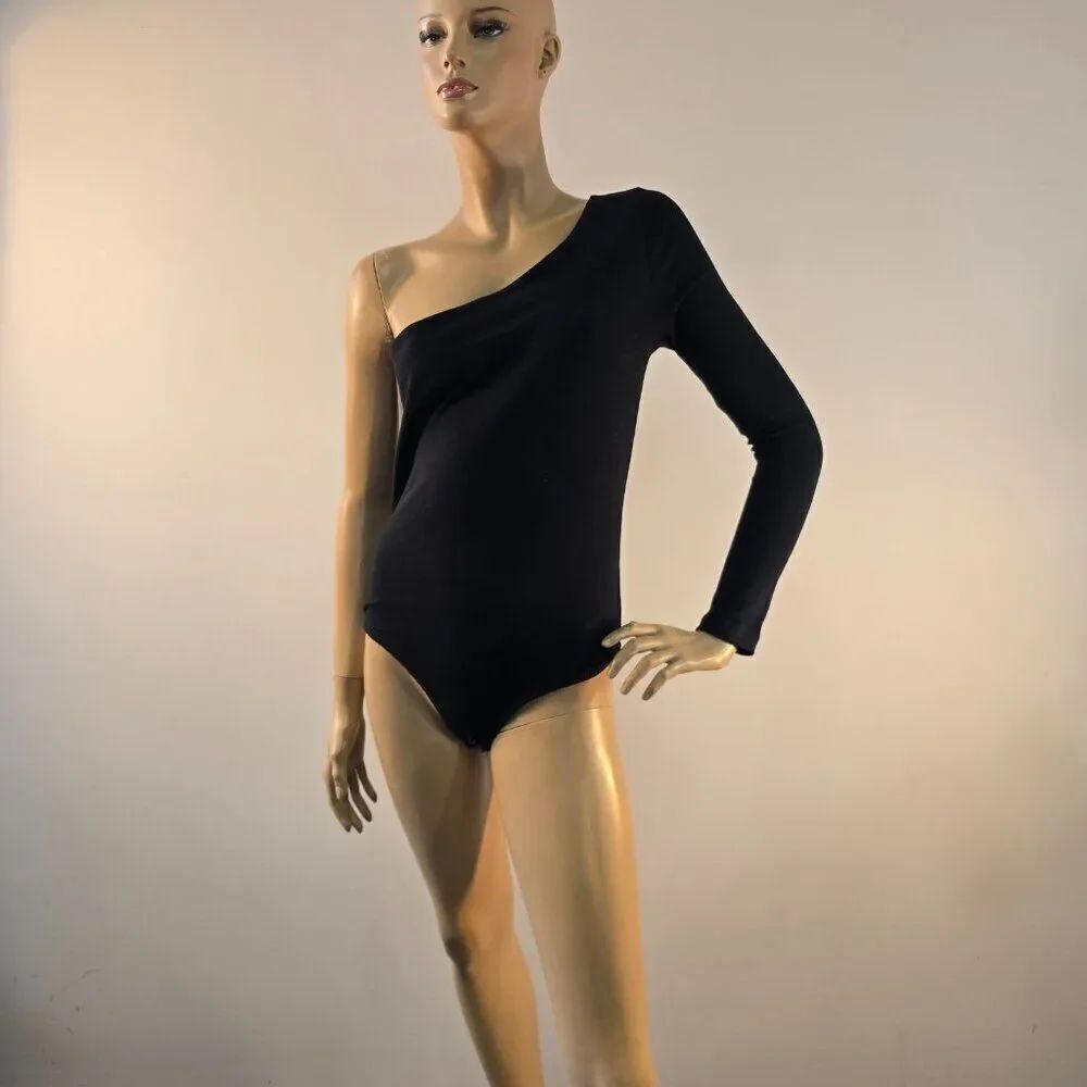 Boston Proper One Shoulder Bodysuit Size M Stretchy Long Sleeve Black FLAW Read